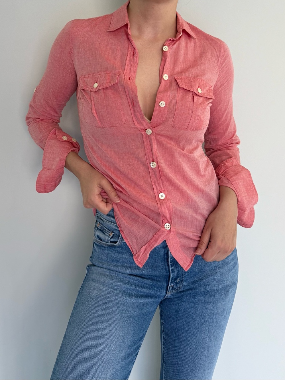 J. Crew Coral Pink Button-Down Shirt with Chest Pockets